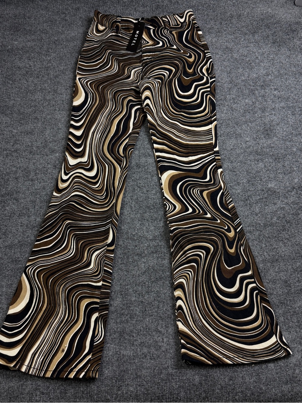 Motel Rocks Zoven Flare Trouser Pants 70s Ripple Brown Swirl Print NWT